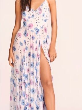 LoveshackFancy Floral Maxi Slip Dress with Side Slit - White/Pink/Blue